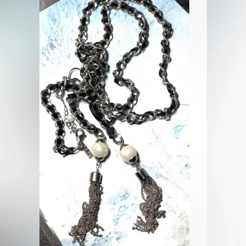 WHITE HOUSE BLACK MARKET Chain Ribbon Tassle Necklace | EUC | MSRP $149